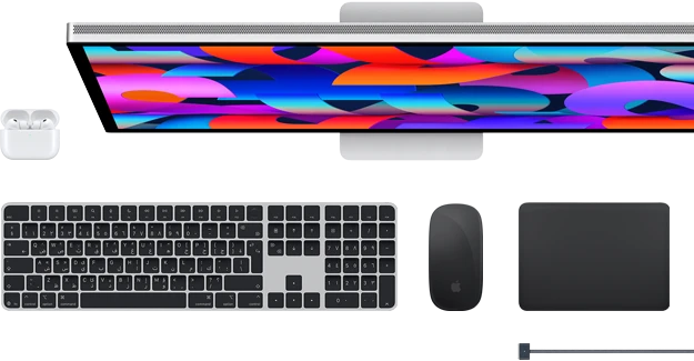 اكسسوارات Mac: سماعات AirPods، شاشة Studio Display، لوحة مفاتيح ماجيك، ماجيك ماوس، لوحة تعقب ماجيك، كابل شحن MagSafe