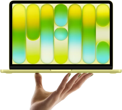 جهاز MacBook Neo بلون أصفر سيتروس، مستقر على رؤوس أصابع يد مفتوحة، شاشة تعرض نمطاً تجريدياً غنياً بالألوان