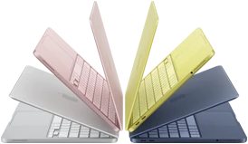 MacBook Neo laptops in silver, blush, citrus, and indigo colors, slightly open and arranged in an arch formation