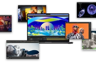 صورة تعرض جهاز MacBook&nbsp;Pro‏ يُشغل تطبيقات مثل Keynote وPlasticity وAdobe&nbsp;After&nbsp;Effects وOctane وXcode‏ وKeyShot‏ وAdobe&nbsp;Lightroom‏