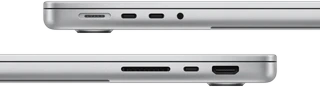 لقطة جانبية لجهاز MacBook&nbsp;Pro مقاس 14&nbsp;إنش مع شريحة M3&nbsp;Pro تبين المنافذ: الجهة اليسرى، منفذ MagSafe، و2 من منافذ ثندربولت&nbsp;4، ومقبس لسماعات الرأس، الجهة اليمنى، فتحة بطاقة SDXC‏، ومنفذ ثندربولت&nbsp;4، ومنفذ HDMI‏