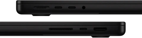 صورة تعرض منافذ MacBook Pro - الجهة اليسرى: MagSafe، واثنان من منافذ ثندربولت، ومقبس لسماعات الرأس - الجهة اليمنى: SDXC، ومنفذ ثندربولت، وHDMI‏