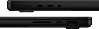 صورة تعرض منافذ MacBook Pro - الجهة اليسرى: MagSafe، واثنان من منافذ ثندربولت، ومقبس لسماعات الرأس - الجهة اليمنى: SDXC، ومنفذ ثندربولت، وHDMI‏
