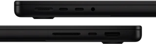 صورة تعرض منافذ MacBook Pro - الجهة اليسرى: MagSafe، واثنان من منافذ ثندربولت، ومقبس لسماعات الرأس - الجهة اليمنى: SDXC، ومنفذ ثندربولت، وHDMI‏‏‏