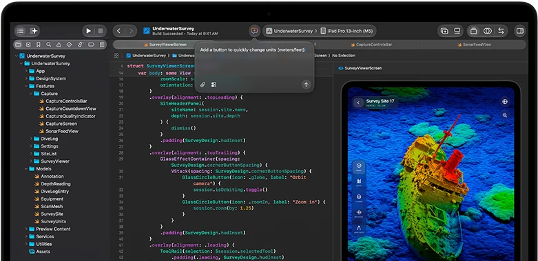 MacBook Pro screen showing AI-assistant integration within Xcode