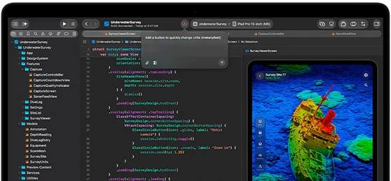 MacBook Pro screen showing AI-assistant integration within Xcode