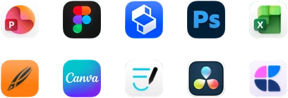 Ten app icons in two rows: PowerPoint, Figma, Shapr3D, Photoshop, Excel, Linearity, Canva, GoodNotes, DaVinci Resolve, Craft