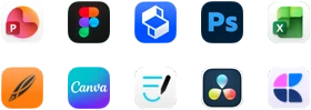 Ten app icons in two rows: PowerPoint, Figma, Shapr3D, Photoshop, Excel, Linearity, Canva, GoodNotes, DaVinci Resolve, Craft