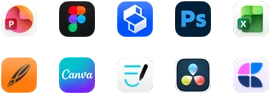 Ten app icons in two rows: PowerPoint, Figma, Shapr3D, Photoshop, Excel, Linearity, Canva, GoodNotes, DaVinci Resolve, Craft