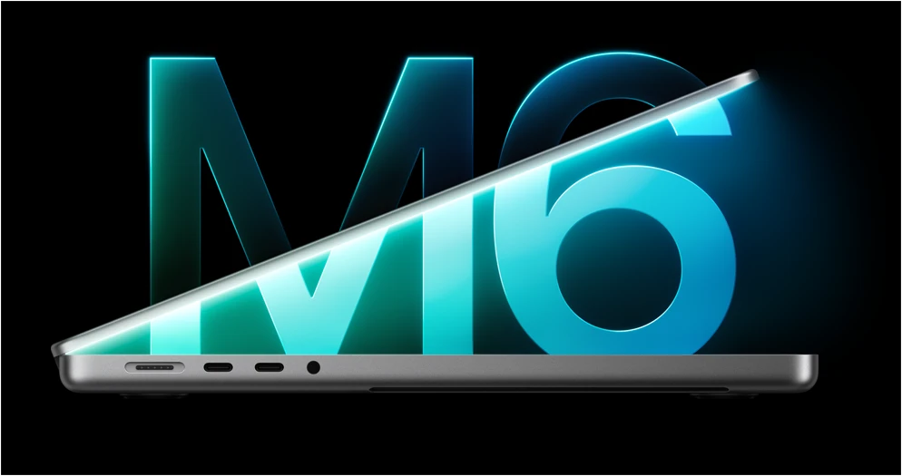 MacBook Pro side profile, silver color, partially open lid revealing glowing blue light, large glowing M6 graphic in background