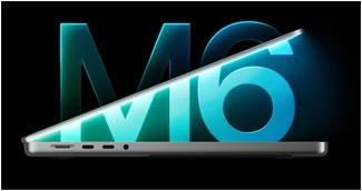 MacBook Pro side profile, silver color, partially open lid revealing glowing blue light, large glowing M6 graphic in background