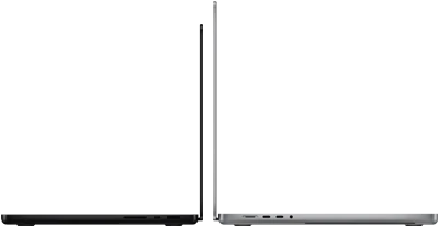 14-inch MacBook Pro in space black next to 16-inch MacBook Pro in silver