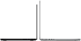 14-inch MacBook Pro in space black next to 16-inch MacBook Pro in silver