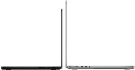 14-inch MacBook Pro in space black next to 16-inch MacBook Pro in silver