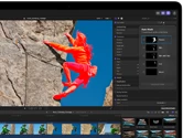 MacBook Pro, Final Cut Pro, Auto Mask panel, People category selected, additional categories: skin, skin and face, hair, mouth, climber in red tones scaling rocky cliff against blue sky