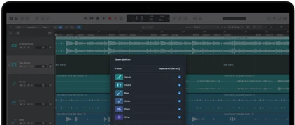 MacBook Pro, Logic Pro, waveform tracks, Stem Splitter panel, categories: vocals, drums, bass, other, each with separate audio waveform