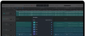 MacBook Pro, Logic Pro, waveform tracks, Stem Splitter panel, categories: vocals, drums, bass, other, each with separate audio waveform