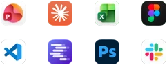 أيقونات تطبيقات Microsoft PowerPoint، وClaude من Anthropic، وMicrosoft Excel، وFigma، وVisual Studio Code، وLM Studio، وAdobe Photoshop، وSlack‏