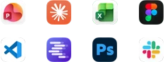 أيقونات تطبيقات Microsoft PowerPoint، وClaude من Anthropic، وMicrosoft Excel، وFigma، وVisual Studio Code، وLM Studio، وAdobe Photoshop، وSlack‏