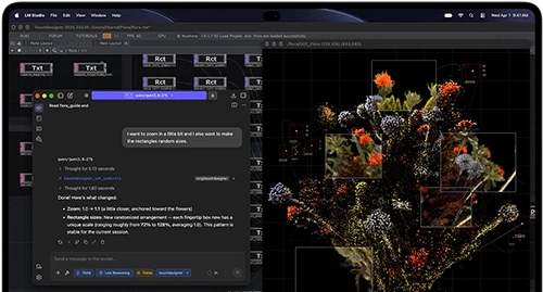 جهاز MacBook Pro مع شاشة PROLED XDR، لون أسود فلكي، الشاشة تعرض صورة يتم إنشاؤها باستخدام TouchDesigner وLM Studio‏