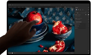 جهاز MacBook Pro مع شاشة PROLED XDR يعرض صورة ثابتة لثمار الرمان وقطع خزفية ومنسوجات زرقاء، مع يد تمتد نحو الشاشة للتفاعل مع العمل الفني