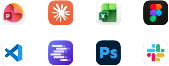 App icons for Microsoft PowerPoint, Claude by Anthropic, Microsoft Excel, Figma, Visual Studio Code, LM Studio, Adobe Photoshop, and Slack