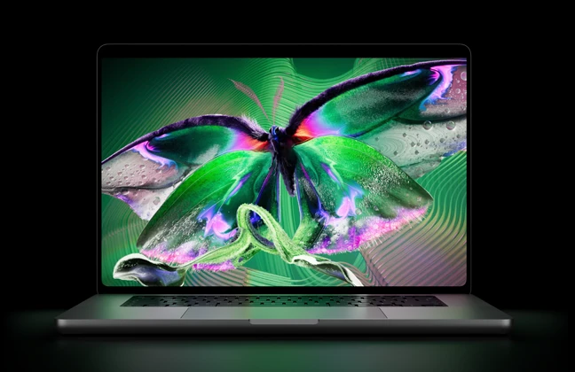 MacBook Pro with PROLED XDR Display, open lid, silver color, display shows detailed, high-contrast image with vivid colors, screen illuminates keyboard