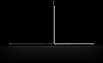 16-inch MacBook Pro with PROLED XDR Display, open lid, space black color, right side exterior with three ports, text reads: 4.0 pounds, 14-inch MacBook Pro with PROLED XDR Display, open lid, silver color, left side exterior with four ports, text reads: 3.0 pounds