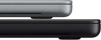 14-inch MacBook Pro with PROLED XDR Display, silver color, stacked on top of 16-inch model, space black color, showing size difference