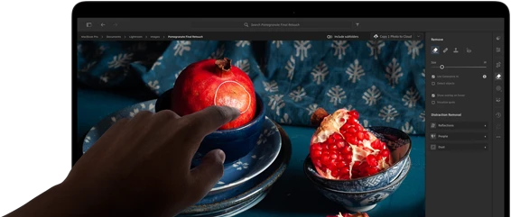 MacBook Pro with PROLED XDR Display with a still life image of pomegranates with blue ceramics and textiles, a hand reaches toward the screen to interact with the image