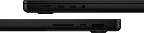 صورة تعرض منافذ MacBook Pro - الجهة اليسرى: MagSafe 3، و2 من منافذ ثندربولت، ومقبس لسماعات الرأس - الجهة اليمنى: فتحة بطاقة SDXC، ومنفذ ثندربولت واحد، وHDMI‏