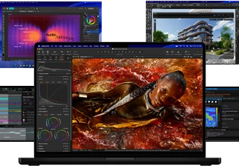 A variety of colorful screen content from music production, video editing, 3D animation, and photo editing apps on Mac, demonstrating powerful graphics performance