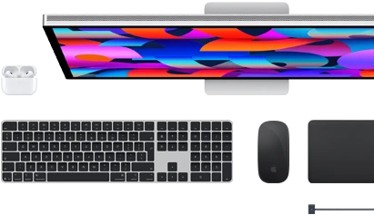 Mac accessories: Airpods, Studio Display, Magic Keyboard, Magic Mouse, Magic Trackpad, MagSafe charge cable in Space Black