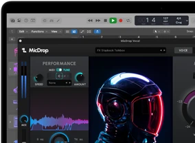 Screen content demonstrating MicDrop software using AI features to edit a vocal recording on a MacBook Pro