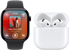 Apple Watch Series 11, titanium slate case, band: black sport band, Apple Music app, "now playing" screen, paired with AirPods