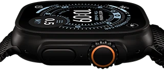 Apple Watch Ultra 3, side exterior, black titanium case,  compass on Orienteering watch face, side button and digital crown