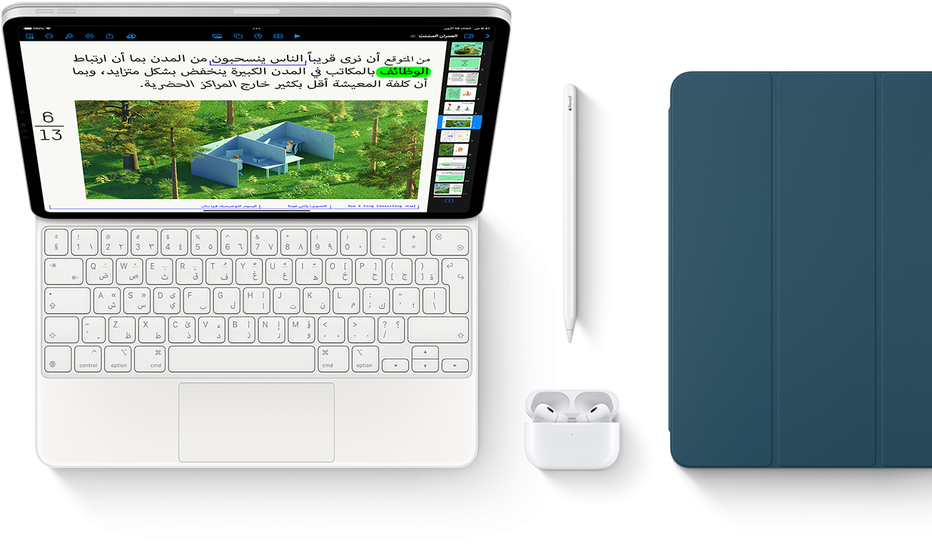 Smart Keyboard Folio, Apple Pencil, AirPods Pro, and iPad Cover in Marine Blue.